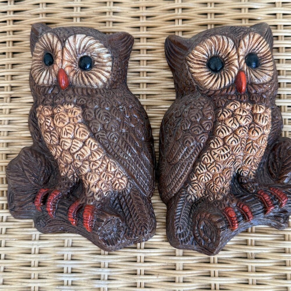 Vintage 70's Molded Foam Pair of Owls Wall Plaques Retro Boho